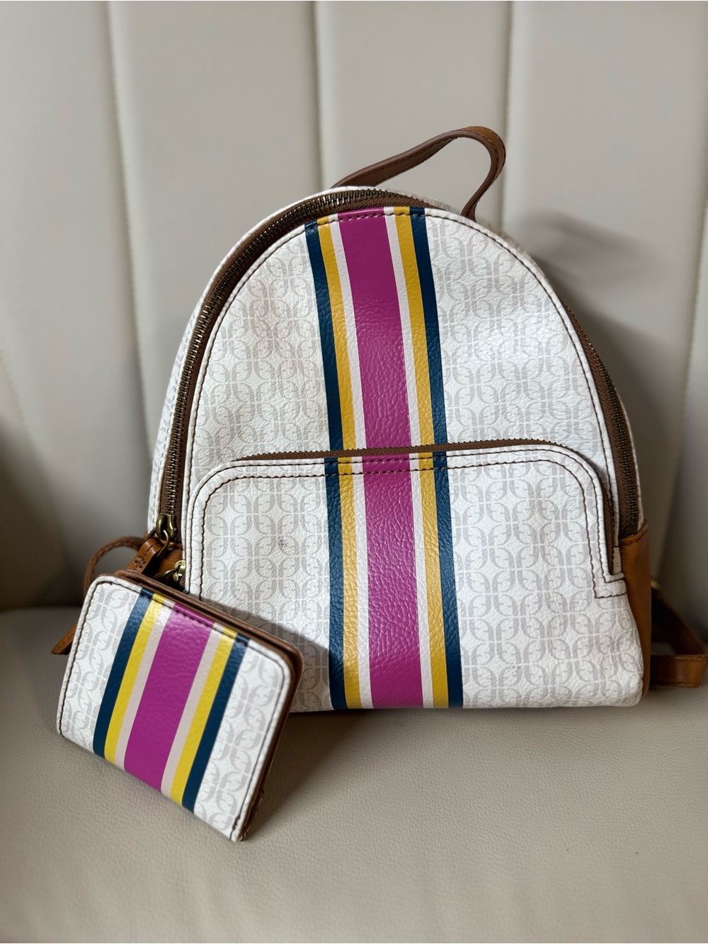 Fossil Women's Backpack with Pink, Blue & Yellow Stripe - Matching Wallet